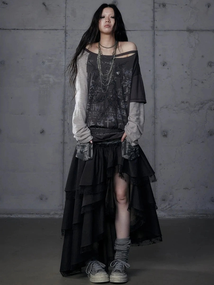 Punk Graphic Print Loose Fit Off Shoulder Long Sleeve Women T-Shirt