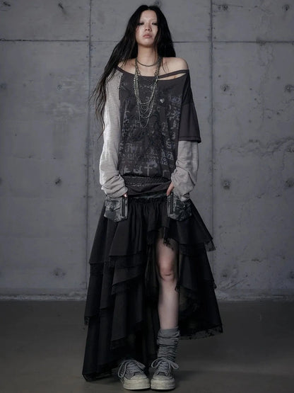 Punk Graphic Print Loose Fit Off Shoulder Long Sleeve Women T-Shirt