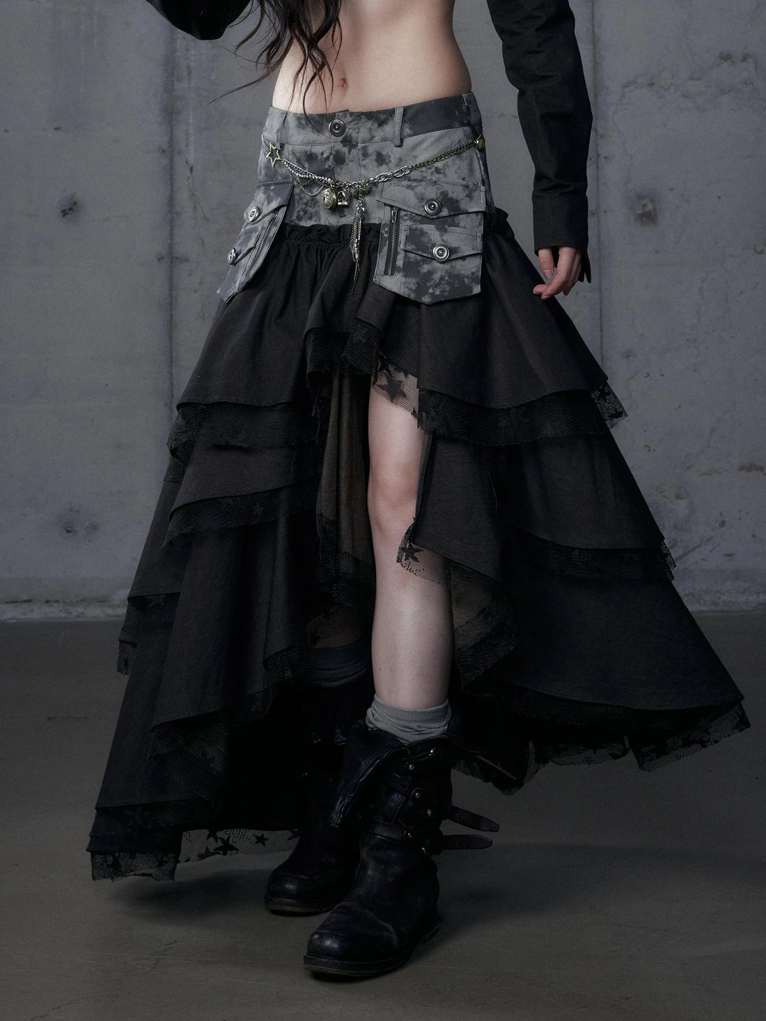 NO ROMANCE Punk High Waist Tiered Patchwork Denim Lace Pu Pockets Women Two Piece Skirt