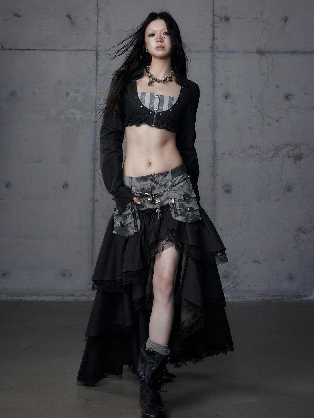 NO ROMANCE Punk High Waist Tiered Patchwork Denim Lace Pu Pockets Women Two Piece Skirt