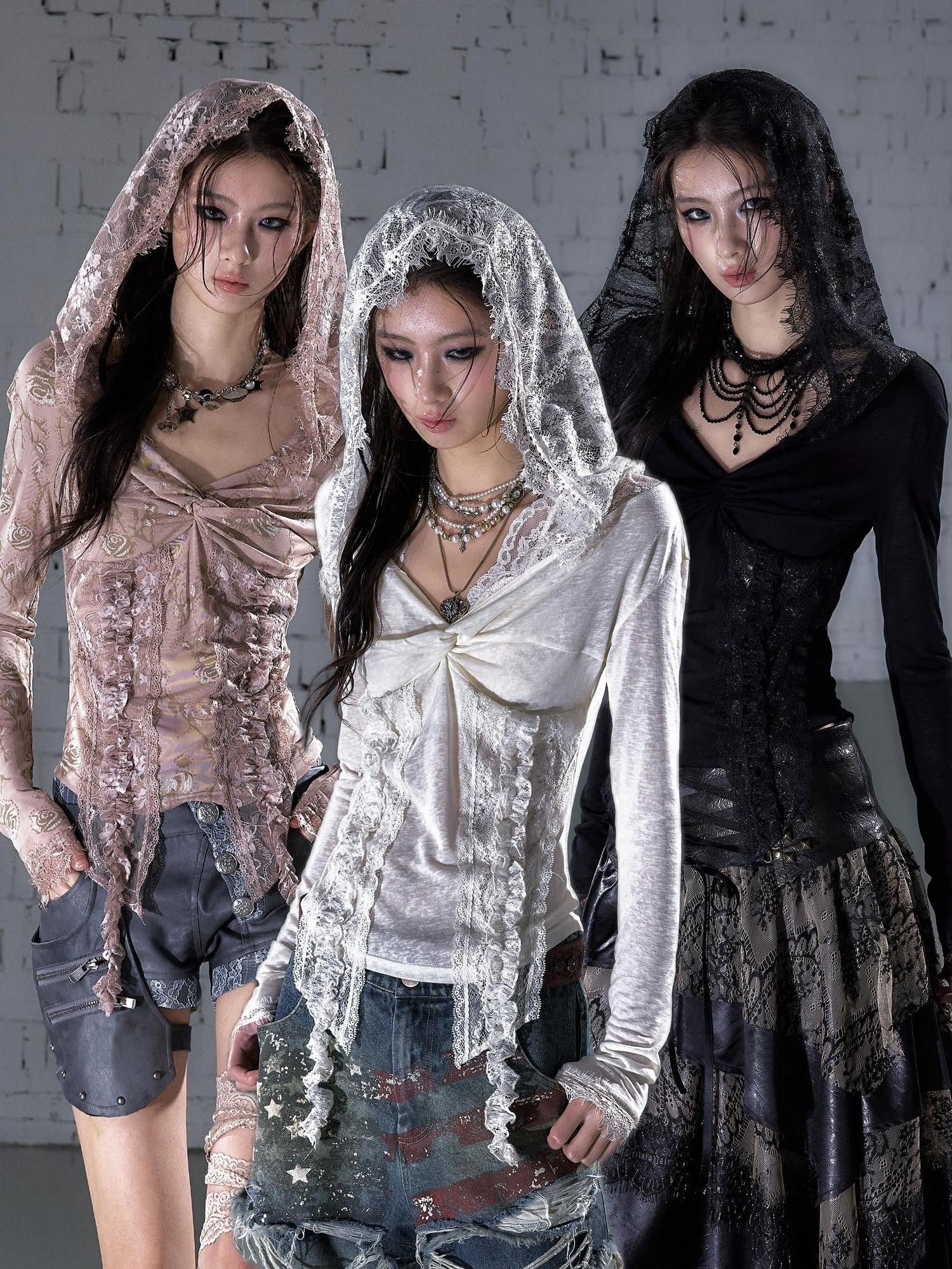 NO ROMANCE Punk Lace Twist Knot One Shoulder Hooded Women&