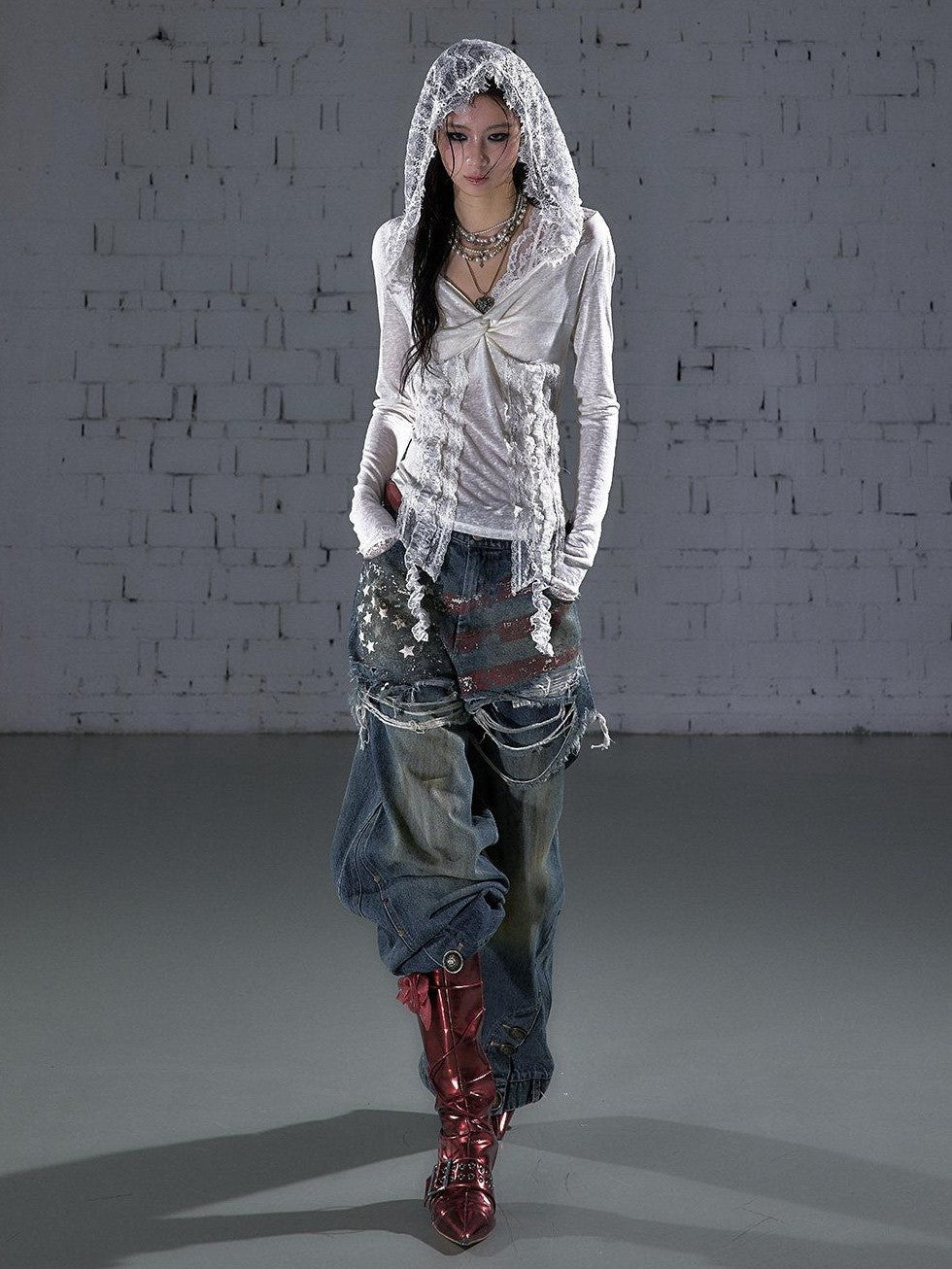 NO ROMANCE Punk Lace Twist Knot One Shoulder Hooded Women&