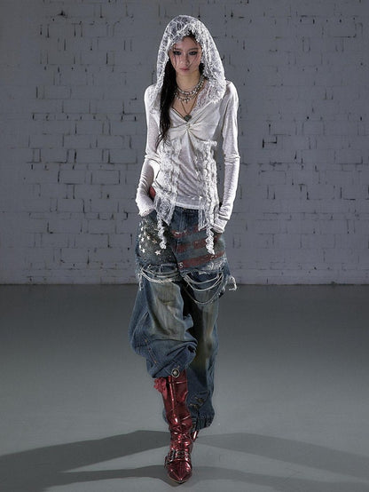 NO ROMANCE Punk Lace Twist Knot One Shoulder Hooded Women&