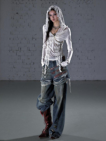 NO ROMANCE Punk Lace Twist Knot One Shoulder Hooded Women&