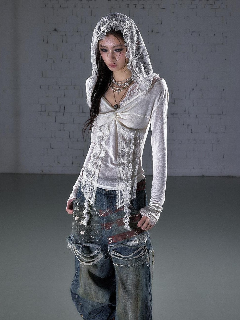 NO ROMANCE Punk Lace Twist Knot One Shoulder Hooded Women&