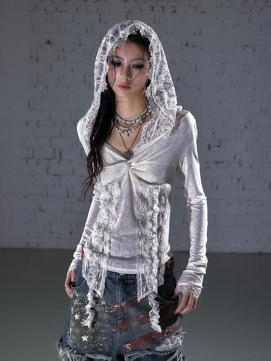 NO ROMANCE Punk Lace Twist Knot One Shoulder Hooded Women&