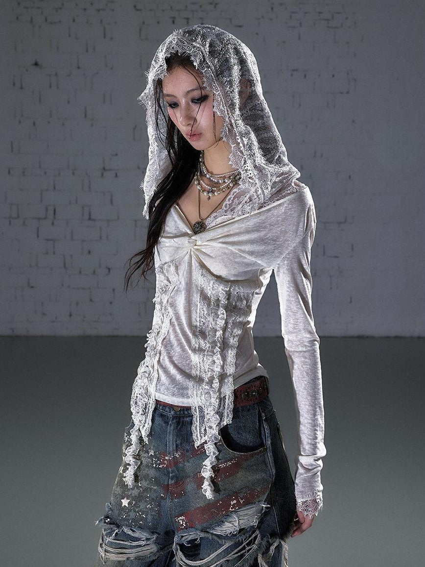 NO ROMANCE Punk Lace Twist Knot One Shoulder Hooded Women&