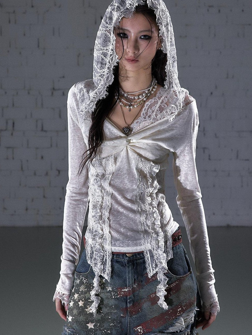 NO ROMANCE Punk Lace Twist Knot One Shoulder Hooded Women&