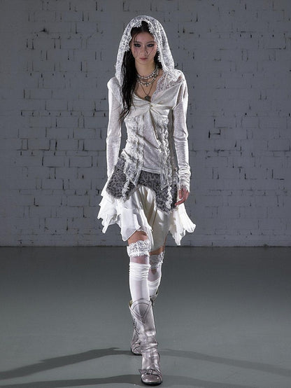 NO ROMANCE Punk Lace Twist Knot One Shoulder Hooded Women&
