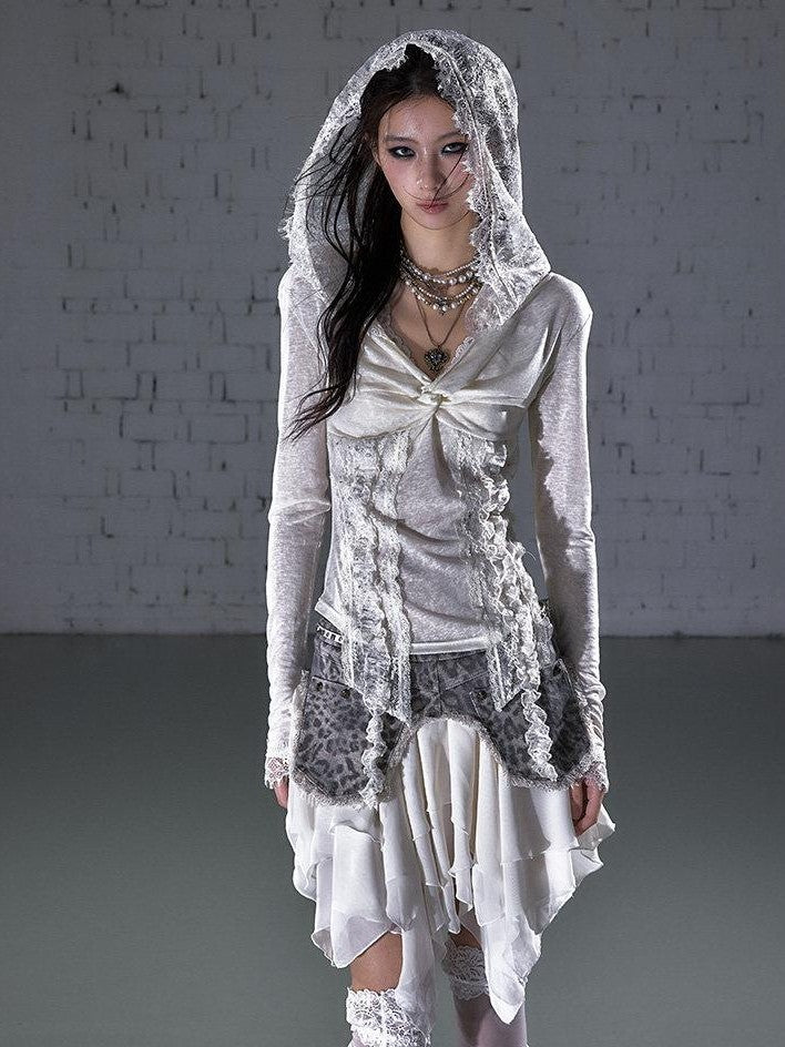 NO ROMANCE Punk Lace Twist Knot One Shoulder Hooded Women&