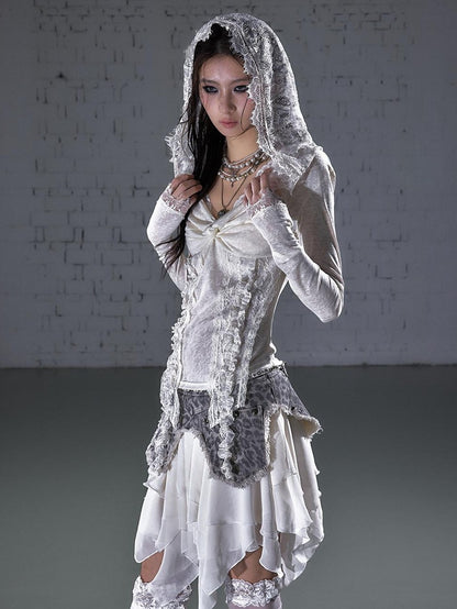 NO ROMANCE Punk Lace Twist Knot One Shoulder Hooded Women&