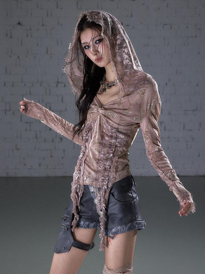 NO ROMANCE Punk Lace Twist Knot One Shoulder Hooded Women&