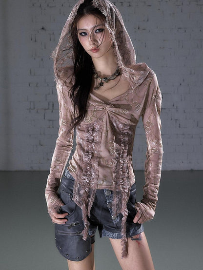 NO ROMANCE Punk Lace Twist Knot One Shoulder Hooded Women&