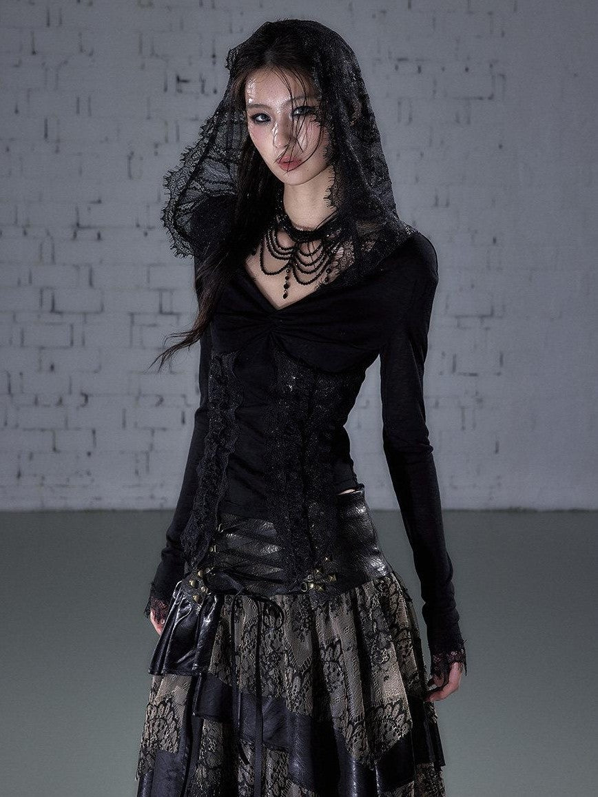 NO ROMANCE Punk Lace Twist Knot One Shoulder Hooded Women&