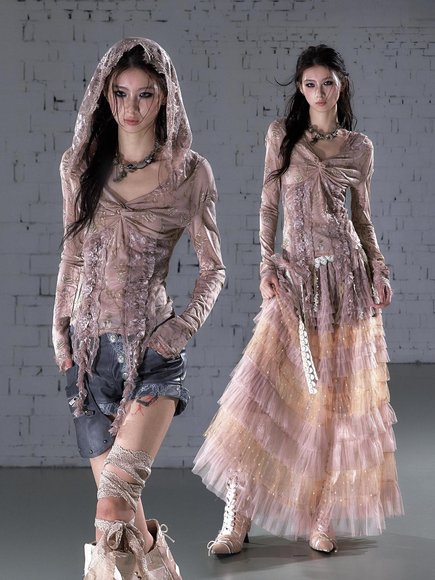NO ROMANCE Punk Lace Twist Knot One Shoulder Hooded Women&