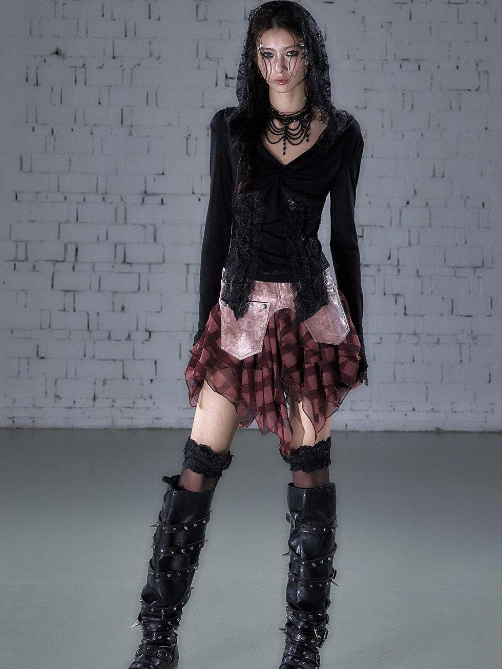 NO ROMANCE Punk Lace Twist Knot One Shoulder Hooded Women&