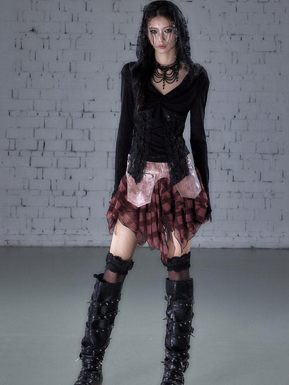 NO ROMANCE Punk Lace Twist Knot One Shoulder Hooded Women&