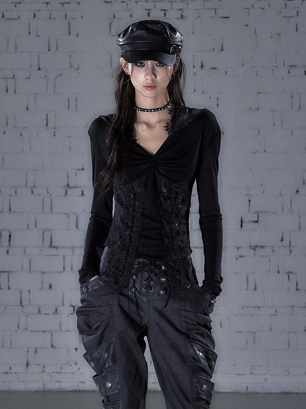NO ROMANCE Punk Lace Twist Knot One Shoulder Hooded Women&