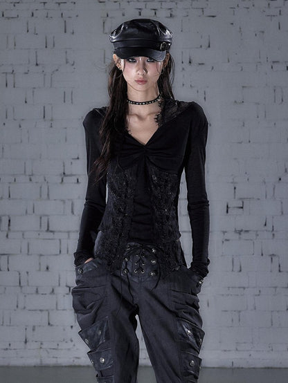 NO ROMANCE Punk Lace Twist Knot One Shoulder Hooded Women&