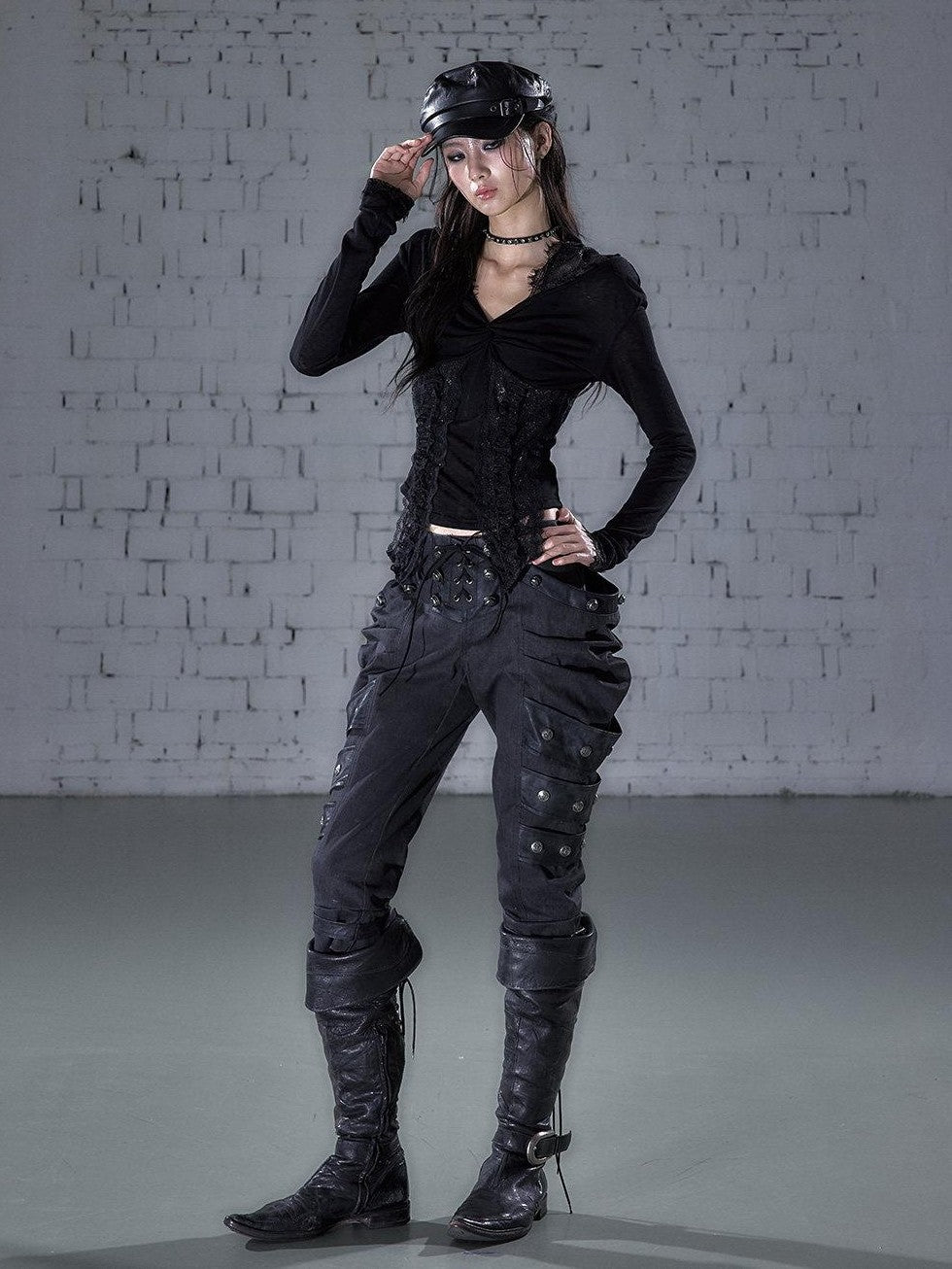 NO ROMANCE Punk Lace Twist Knot One Shoulder Hooded Women&