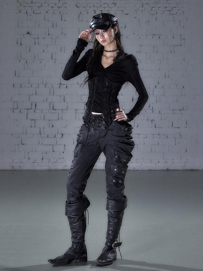 NO ROMANCE Punk Lace Twist Knot One Shoulder Hooded Women&
