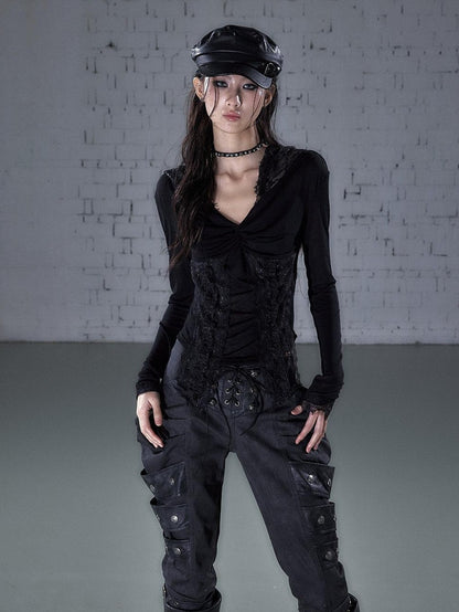 NO ROMANCE Punk Lace Twist Knot One Shoulder Hooded Women&
