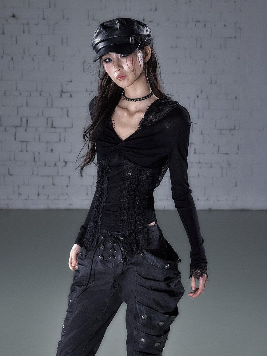 NO ROMANCE Punk Lace Twist Knot One Shoulder Hooded Women&