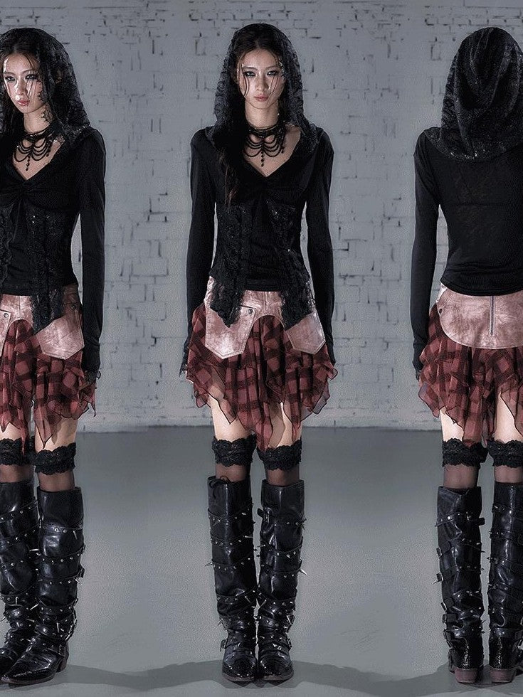 NO ROMANCE Punk Lace Twist Knot One Shoulder Hooded Women&