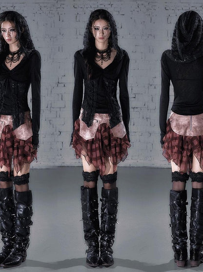 NO ROMANCE Punk Lace Twist Knot One Shoulder Hooded Women&