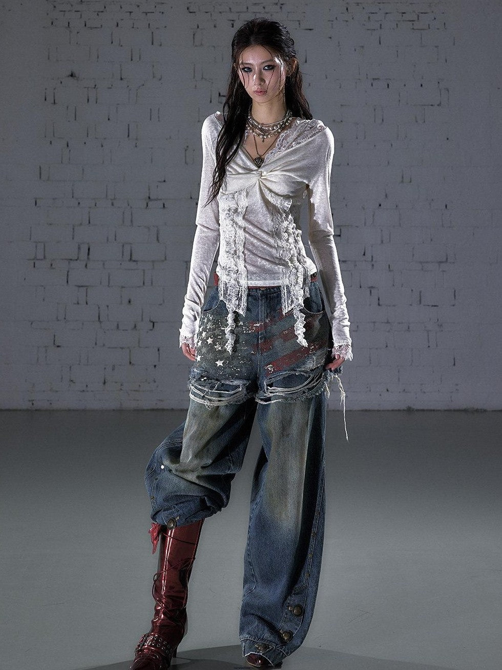 NO ROMANCE Punk Lace Twist Knot One Shoulder Hooded Women&