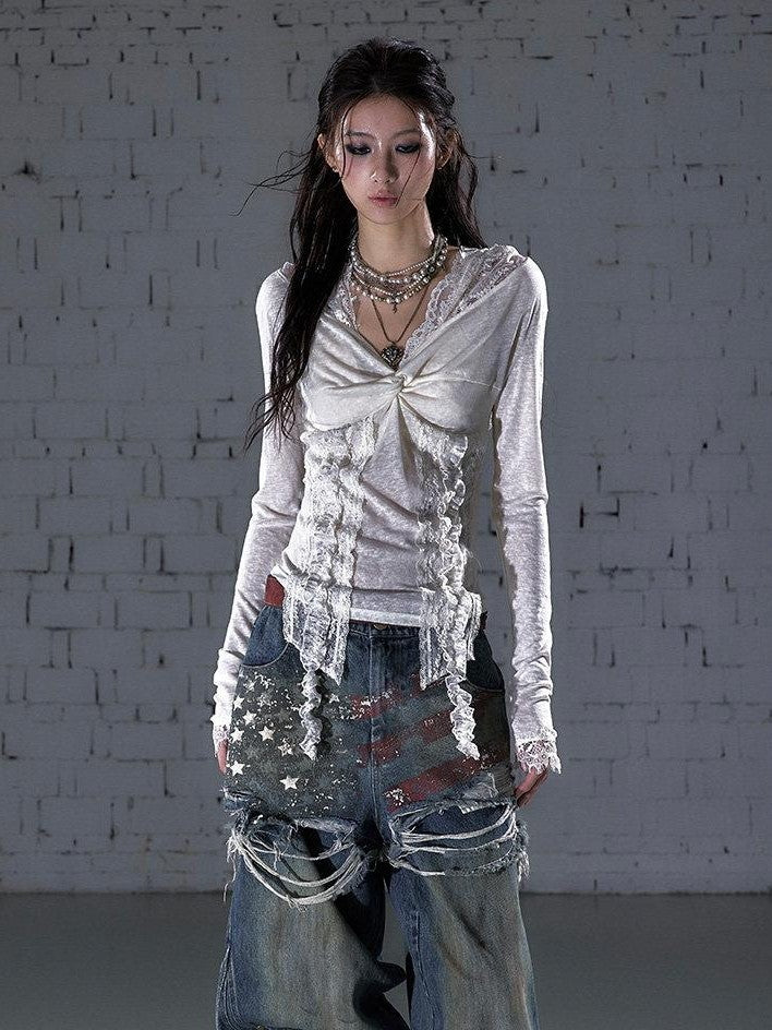 NO ROMANCE Punk Lace Twist Knot One Shoulder Hooded Women&