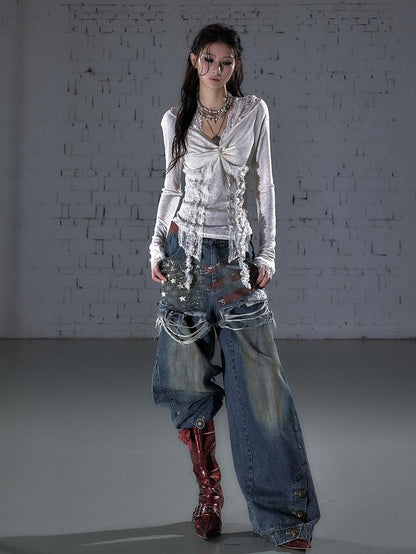 NO ROMANCE Punk Lace Twist Knot One Shoulder Hooded Women&