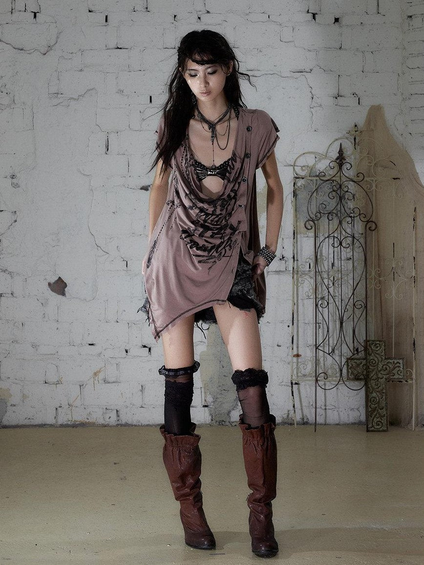 NO ROMANCE Punk Print Irregular Scoop Neck Loose Women&