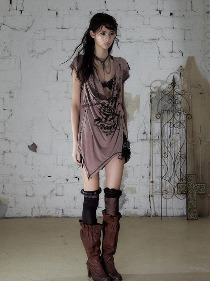 NO ROMANCE Punk Print Irregular Scoop Neck Loose Women&