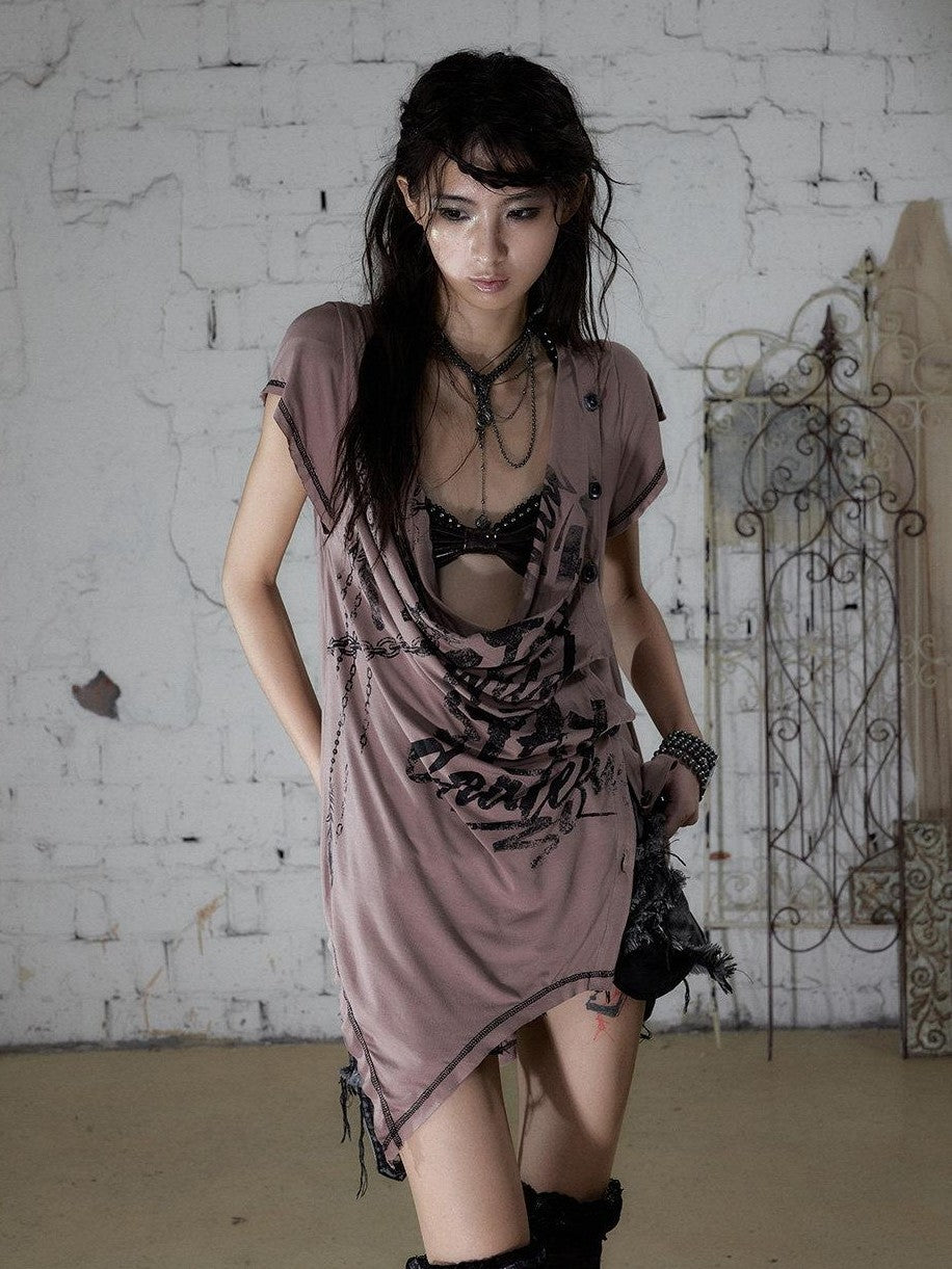 NO ROMANCE Punk Print Irregular Scoop Neck Loose Women&