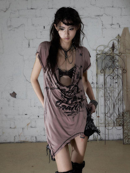 NO ROMANCE Punk Print Irregular Scoop Neck Loose Women&