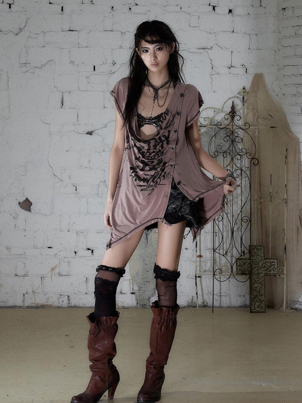 NO ROMANCE Punk Print Irregular Scoop Neck Loose Women&