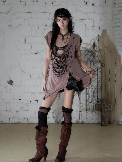NO ROMANCE Punk Print Irregular Scoop Neck Loose Women&