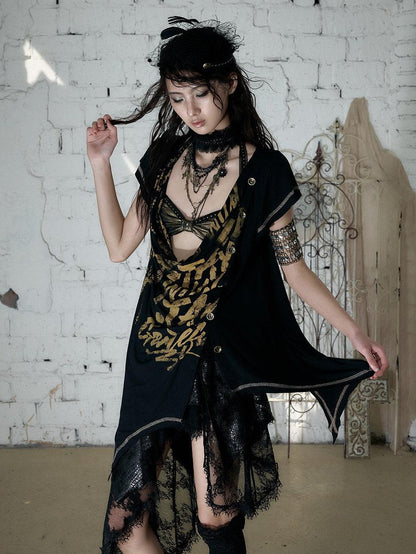 NO ROMANCE Punk Print Irregular Scoop Neck Loose Women&