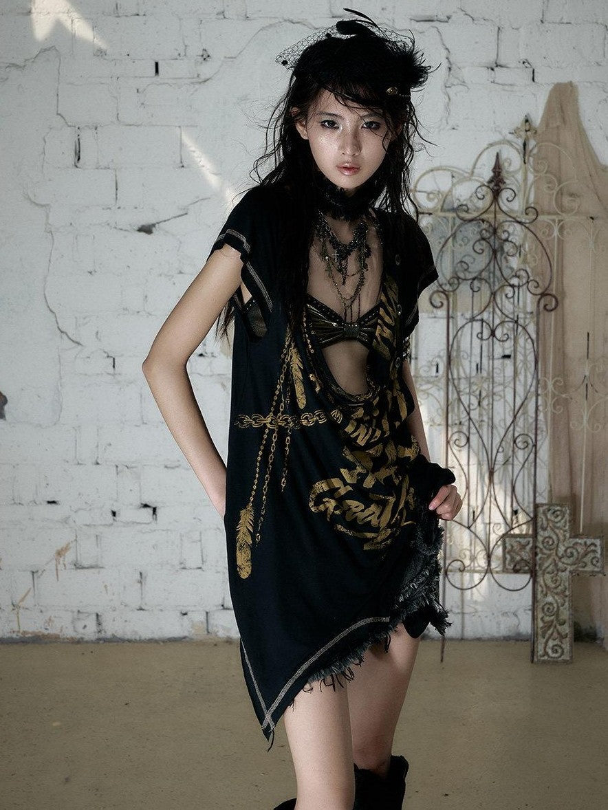 NO ROMANCE Punk Print Irregular Scoop Neck Loose Women&