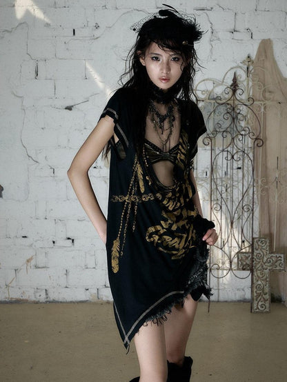 NO ROMANCE Punk Print Irregular Scoop Neck Loose Women&