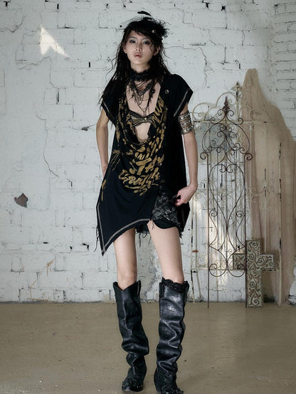 NO ROMANCE Punk Print Irregular Scoop Neck Loose Women&