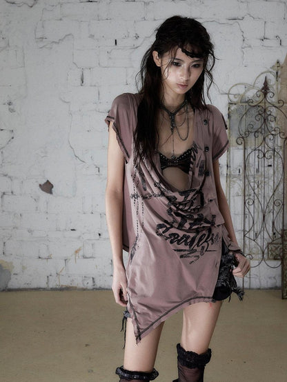 NO ROMANCE Punk Print Irregular Scoop Neck Loose Women&