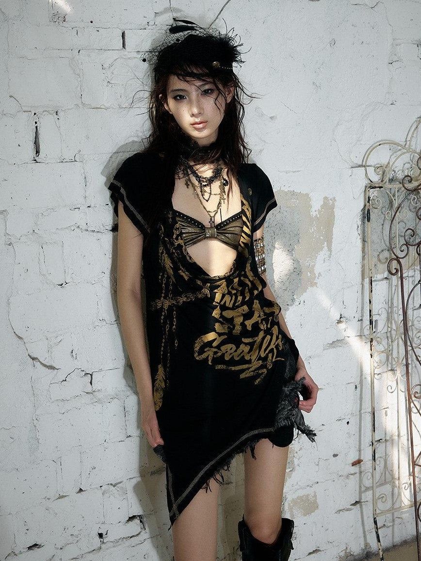 NO ROMANCE Punk Print Irregular Scoop Neck Loose Women&
