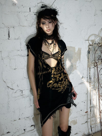 NO ROMANCE Punk Print Irregular Scoop Neck Loose Women&