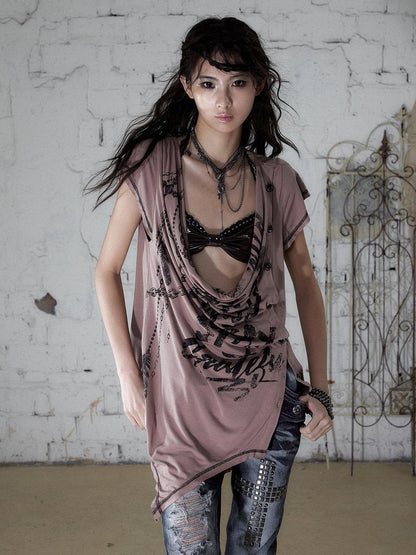 NO ROMANCE Punk Print Irregular Scoop Neck Loose Women&
