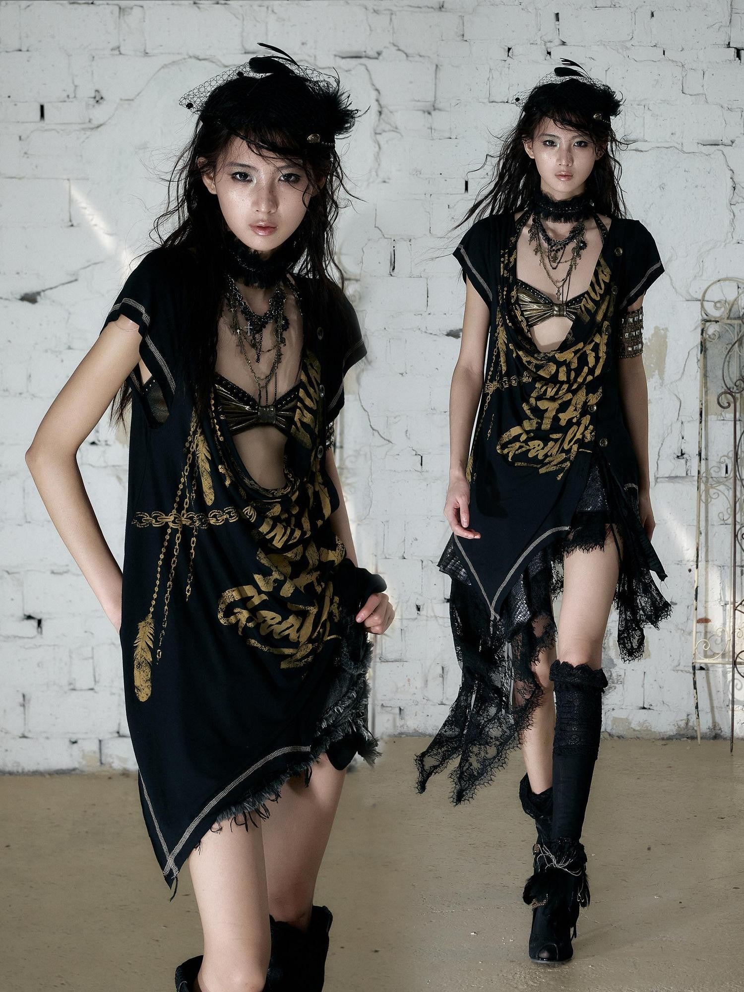 NO ROMANCE Punk Print Irregular Scoop Neck Loose Women&