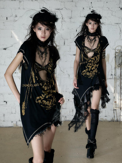 NO ROMANCE Punk Print Irregular Scoop Neck Loose Women&