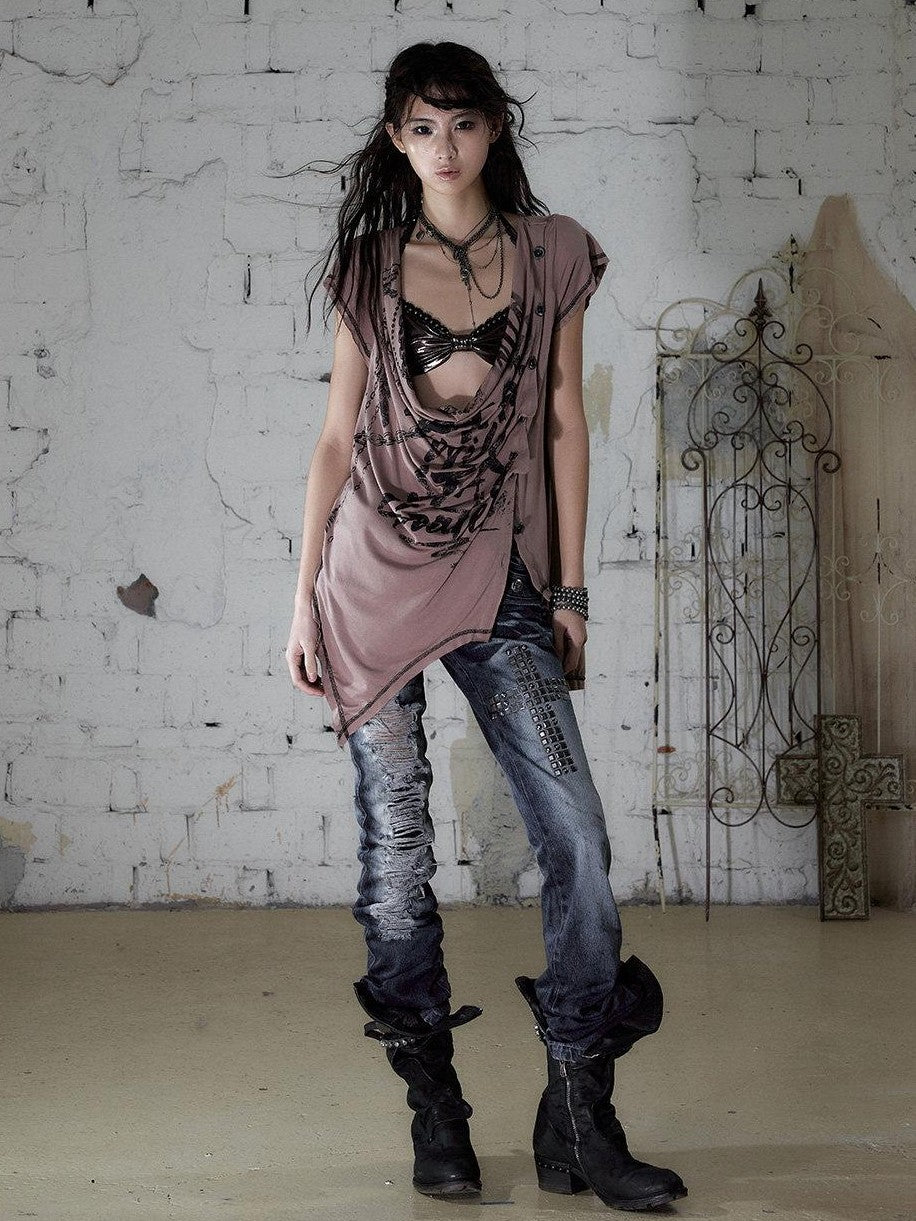 NO ROMANCE Punk Print Irregular Scoop Neck Loose Women&