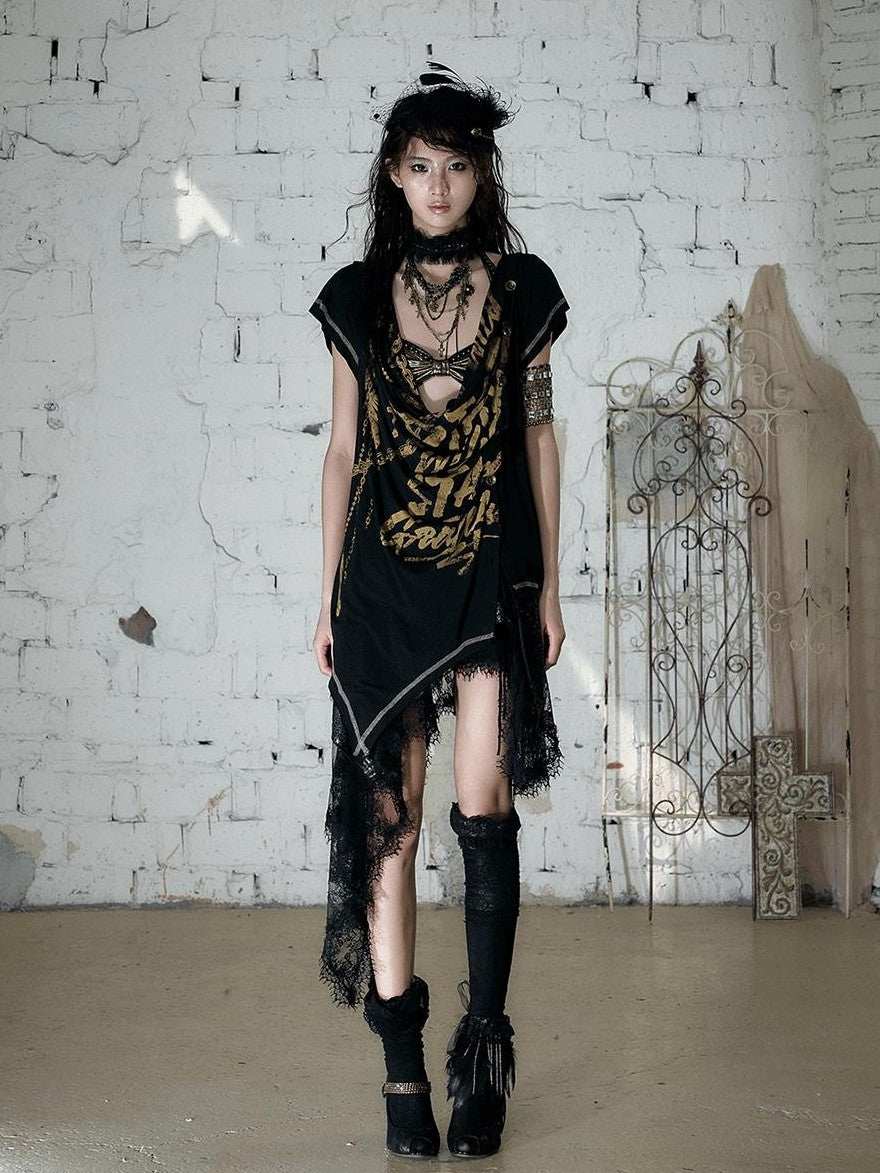 NO ROMANCE Punk Print Irregular Scoop Neck Loose Women&